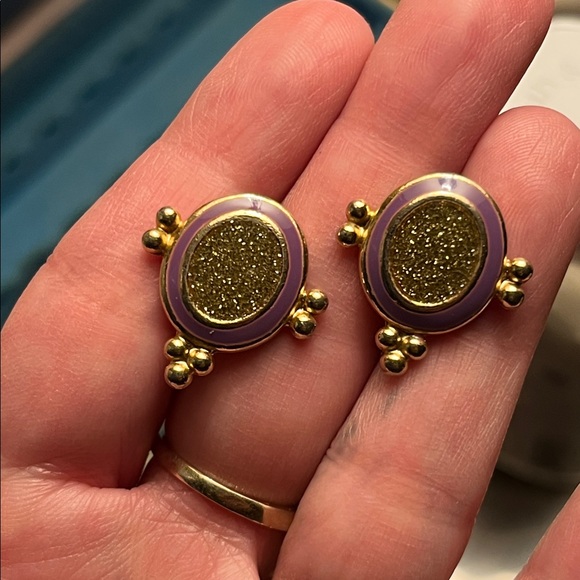 Vintage 90s Gold and Purple Oval Earrings - Picture 7 of 7